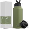 imageJoyJolt Triple Insulated Water Bottle with Straw Lid AND Flip Lid 32oz Large Water Bottle 12 Hour HotCold Vacuum Insulated Stainless Steel Bottle BPAFree Leakproof Water Bottles  Thermos BottleForest Green