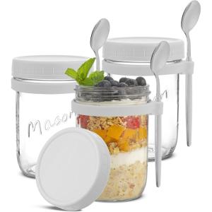 imageJoyJolt 3Pack Glass Overnight Oats Jars with Lids and Spoons Set 16 oz Mason Jars for Overnight Oats Chia Pudding Jars with Lids  BPAFree Leak Proof Small Containers for Meal PrepWhite