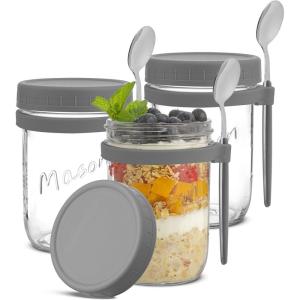 imageJoyJolt 3Pack Glass Overnight Oats Jars with Lids and Spoons Set 16 oz Mason Jars for Overnight Oats Chia Pudding Jars with Lids  BPAFree Leak Proof Small Containers for Meal PrepGrey