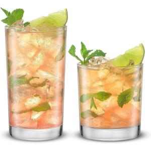 imageJoyJolt Alain Drinking Glasses Set of 8 Glass Tumblers Highball 14oz Bar Glasses and Lowball 10oz Rocks Glasses Set Cocktail Juice Whiskey Glasses or Water Glasses Kitchen or Bar Glassware SetClear Glasses