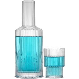 imageJoyJolt Bedside Water Carafe and Glass Set Elle Fluted Glass Carafe and Ribbed Glassware Vintage Nightstand Water Mouthwash Decanter for Bathroom or Ribbed Vase Mid Century Modern GlasswareWater Carafe
