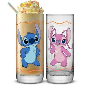 imageJoyJolt Disney Stitch Good Times Tall Drinking Glasses 13oz Slim Glass Cups Glass Tumblers Set of 2 Stitch Stuff Lilo and Stitch Gifts Stitch and Angel Cups Disney Gifts for Adults