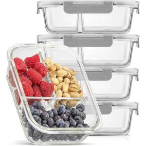 imageJoyJolt Divided Food Storage Containers with Lids Airtight 5 Pack Glass Meal Prep Containers 3 Compartment Set Glass Bento Box Reusable Food Containers Portion Control Containers for Weight LossGray