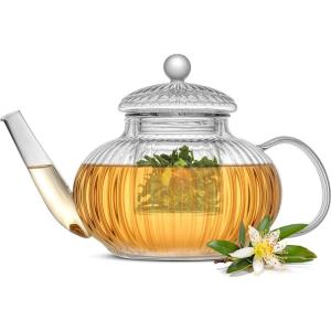 imageJoyJolt Fluted Glass Teapot Set 34oz Stovetop Safe Tea Kettle Borosilicate Clear Kettle with Removable Glass Infuser Blooming and Loose Leaf Tea Maker and Brewer