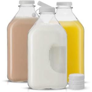 imageJoyJolt Glass Milk Bottles with Lids and Pourer  64 Oz 3 Pack Airtight Heavy Duty Reusable Glass Bottles Leakproof BPAFree Food Grade Dishwasher Safe Jug Pitcher for Milk Juice and Water64 Oz