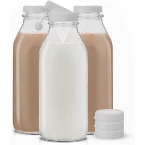 imageJoyJolt Glass Milk Bottles with Lids and Pourer  64 Oz 3 Pack Airtight Heavy Duty Reusable Glass Bottles Leakproof BPAFree Food Grade Dishwasher Safe Jug Pitcher for Milk Juice and Water32 Oz