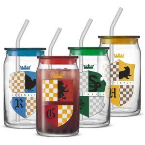 imageJoyJolt Harry Potter House Crests Glass Tumblers with Lids and Straws 16oz Glass Cups with Lids and Straws Can Shaped Drinking Glasses Set of 4 Hogwarts Cup Harry Potter MerchandiseHarry Potter