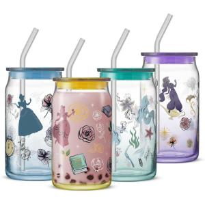 imageJoyJolt Harry Potter House Crests Glass Tumblers with Lids and Straws 16oz Glass Cups with Lids and Straws Can Shaped Drinking Glasses Set of 4 Hogwarts Cup Harry Potter MerchandisePrincess
