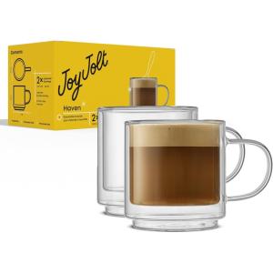 imageJoyJolt Haven Stackable Fluted Glass Mugs Set of 2 Ribbed Double Wall Insulated Coffee Cups 135oz Clear MugsClear