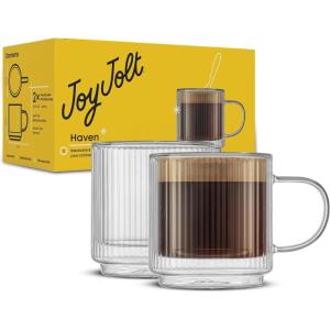 imageJoyJolt Haven Stackable Fluted Glass Mugs Set of 2 Ribbed Double Wall Insulated Coffee Cups 135oz Clear MugsFluted