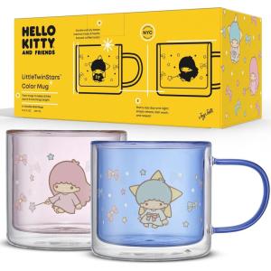 imageJoyJolt Hello Kitty Double Walled Glass Coffee Mugs Set of 2 135 oz Insulated Cute Drinking Glassware ft Little Twin Stars Ideal as Iced Coffee Tea or Latte Cups Kawaii Hello Kitty Merchandise