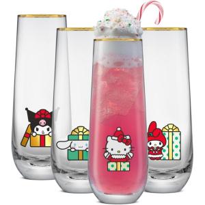 imageJoyJolt Hello Kitty and Friends Holiday Stemless Flutes 95oz Drinking Glasses Set of 4 Kawaii Sanrio Hello Kitty Kitchen Glass Set Ideal for Water Juice Smoothies Skinny Tall GlassesHello Kitty and Friends