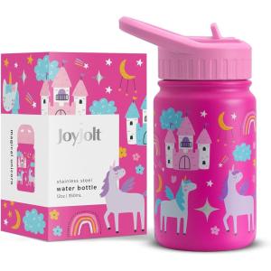 imageJoyJolt Kids Water Bottle with Straw Lid 12oz Small Stainless Steel Reusable Tumbler for Kids Girls Boys or Teen Vacuum Insulated Water Bottle for School Travel and Outdoors LeakproofUnicorn