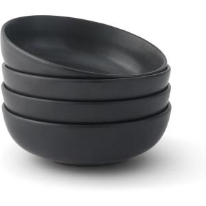 imageJoyJolt Mesa 30oz Stoneware Pasta Bowls Set of 4 Salad and Serving Bowls for Kitchen Oatmeal Soup Dinner  Matte Black Dishwasher and Microwave Safe Wide and Shallow Plate