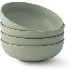imageJoyJolt Mesa 30oz Stoneware Pasta and Salad Bowls Set of 4 Matte Sage Green Dishwasher and Microwave Safe Wide and Shallow Plate Bowls