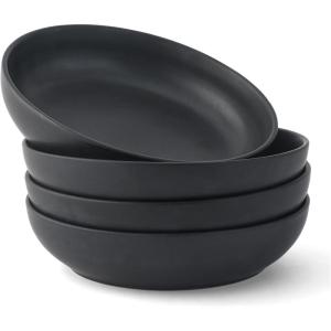 imageJoyJolt Mesa 40oz Stoneware Serving Bowls Set of 4 Large Salad Pho Soup Pasta Plates for Kitchen Dishwasher and Microwave Safe Aesthetic Kitchen Essentials  Matte Sage GreenBlack