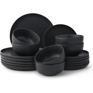 imageJoyJolt Mesa Stoneware Dinnerware Set 18Piece Plates and Bowls Sets Includes Dinner  Salad and Cereal and Soup Bowls Modern Farmhouse Matte Linen White Dish Set for 6Black