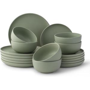 imageJoyJolt Mesa Stoneware Dinnerware Set 18Piece Plates and Bowls Sets Includes Dinner  Salad and Cereal and Soup Bowls Modern Farmhouse Matte Linen White Dish Set for 6Green