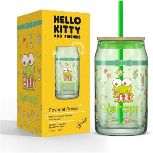 imageJoyJolt Sanrio Hello Kitty and Friends Favorite Flavor Glass Tumbler with Bamboo Lid and Straw Leakproof 16oz Clear Soda Can Shaped Cup featuring My Melody Hello Kitty MerchKeroppi