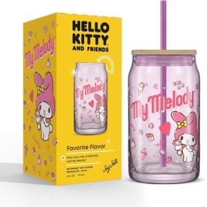 imageJoyJolt Sanrio Hello Kitty and Friends Favorite Flavor Glass Tumbler with Bamboo Lid and Straw Leakproof 16oz Clear Soda Can Shaped Cup featuring My Melody Hello Kitty MerchMy Melody