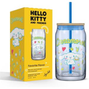 imageJoyJolt Sanrio Hello Kitty and Friends Favorite Flavor Glass Tumbler with Bamboo Lid and Straw Leakproof 16oz Clear Soda Can Shaped Cup featuring My Melody Hello Kitty MerchCinnamoroll
