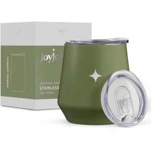 imageJoyJolt TriInsulated Wine Tumbler with Lid Pack 12 oz Tumbler Slider and Straw Lids Vacuum Double Walled Stainless Steel Stemless Wine Glass Copper Lined for Very Cold Drinks Travel and CampingForest Green
