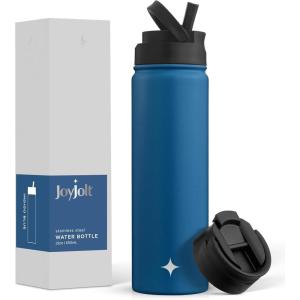 imageJoyJolt Triple Insulated Water Bottle with Straw Lid AND Flip Lid 32oz Large Water Bottle 12 Hour HotCold Vacuum Insulated Stainless Steel Bottle BPAFree Leakproof Water Bottles  Thermos BottleIndigo Blue