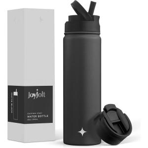 imageJoyJolt Triple Insulated Water Bottle with Straw Lid AND Flip Lid 32oz Large Water Bottle 12 Hour HotCold Vacuum Insulated Stainless Steel Bottle BPAFree Leakproof Water Bottles  Thermos BottleMatte Black
