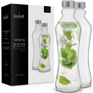 imageJoyJolt Glass Water Bottles  2pc Set 32 oz1 Liter Clear Glass with Stainless Steel Lids Leakproof Ideal for Juicing or Iced Tea