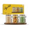 imageJoyJolt Holden 32oz Stackable Glass Storage Containers with Lids Scoops and Tray Clear Airtight Food Canister Set of 3 wAcacia Wood Lids Round Stacking Pantry and Kitchen Containers wScoop