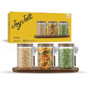 imageJoyJolt Holden 32oz Stackable Glass Storage Containers with Lids Scoops and Tray Clear Airtight Food Canister Set of 3 wAcacia Wood Lids Round Stacking Pantry and Kitchen Containers wScoop