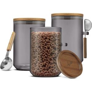 imageJoyJolt Holden 32oz Stackable Glass Storage Containers with Lids and Scoops Airtight Food Canister Set of 3 wAcacia Wood Lids Round Stacking Pantry and Kitchen Containers wScoop  Smoke