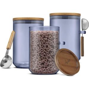 imageJoyJolt Holden 32oz Stackable Glass Storage Containers with Lids and Scoops Airtight Food Canister Set of 3 wAcacia Wood Lids Round Stacking Pantry and Kitchen Containers wScoop  Smoke Blue