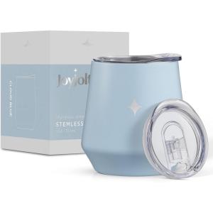imageJoyJolt TriInsulated Wine Tumbler with Lid Pack 12 oz Tumbler Slider and Straw Lids Vacuum Double Walled Stainless Steel Stemless Wine Glass Copper Lined for Very Cold Drinks Travel and CampingCloud Blue