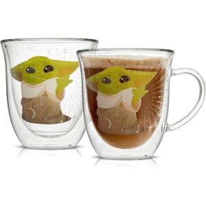 imageJoyJolt Mandalorian Mystic Grogu 135oz Coffee Mug Double Wall Mug Set of 2 Large Espresso Cups Cappuccino or Latte Cup Mandalorian Star Wars Mugs Glass Coffee Cup Insulated Coffee Mug