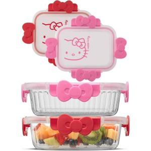 imageJoyJolt Sanrio Hello Kitty Fluted Glass Food Storage Containers with Lids 2x Airtight Glass Storage Containers with Lids for Kitchen Reusable Lunch Meal Prep Container Cute Hello Kitty Gifts